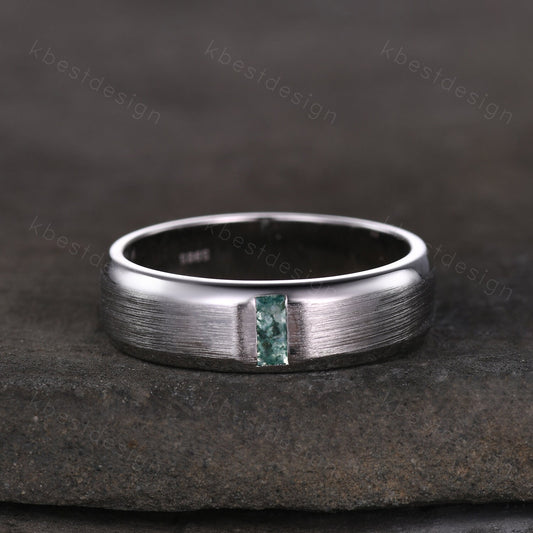 Mens Moss Agate Wedding Band Unique Baguette cut Green Moss Agate Wedding Ring For Men Brushed Finish Band Ring Promise Gift For Husband