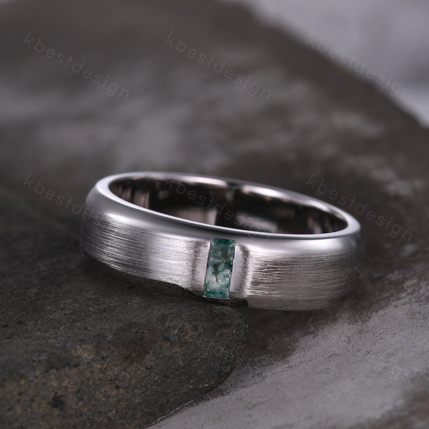 Mens Moss Agate Wedding Band Unique Baguette cut Green Moss Agate Wedding Ring For Men Brushed Finish Band Ring Promise Gift For Husband