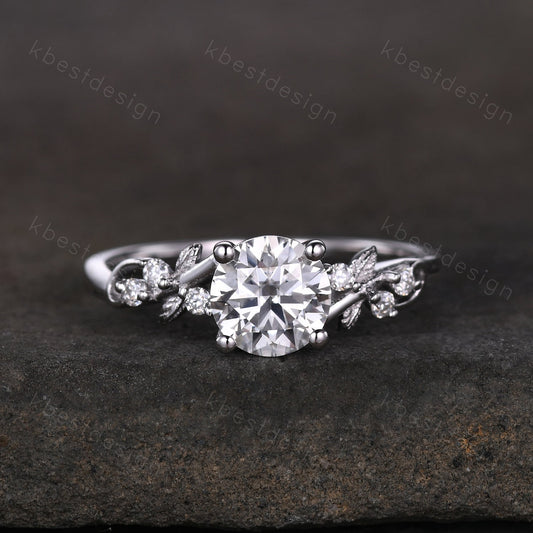 Round cut moissanite engagement ring 14K White gold ring Art deco leaf design wedding ring nature inspired ring bridal promise ring for her