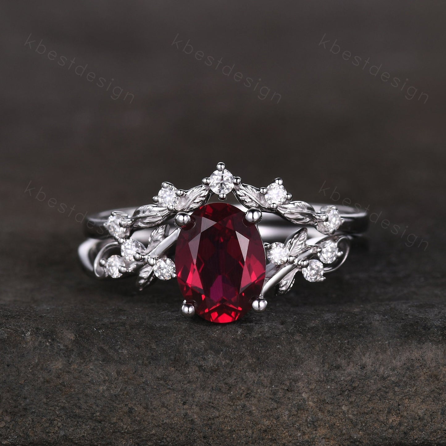 Vintage oval ruby engagement ring set silver ring twig leaf moissanite ring nature branch ring unique art deco bridal wedding ring set