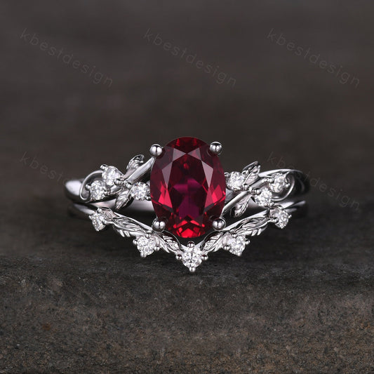 Vintage oval ruby engagement ring set silver ring twig leaf moissanite ring nature branch ring unique art deco bridal wedding ring set