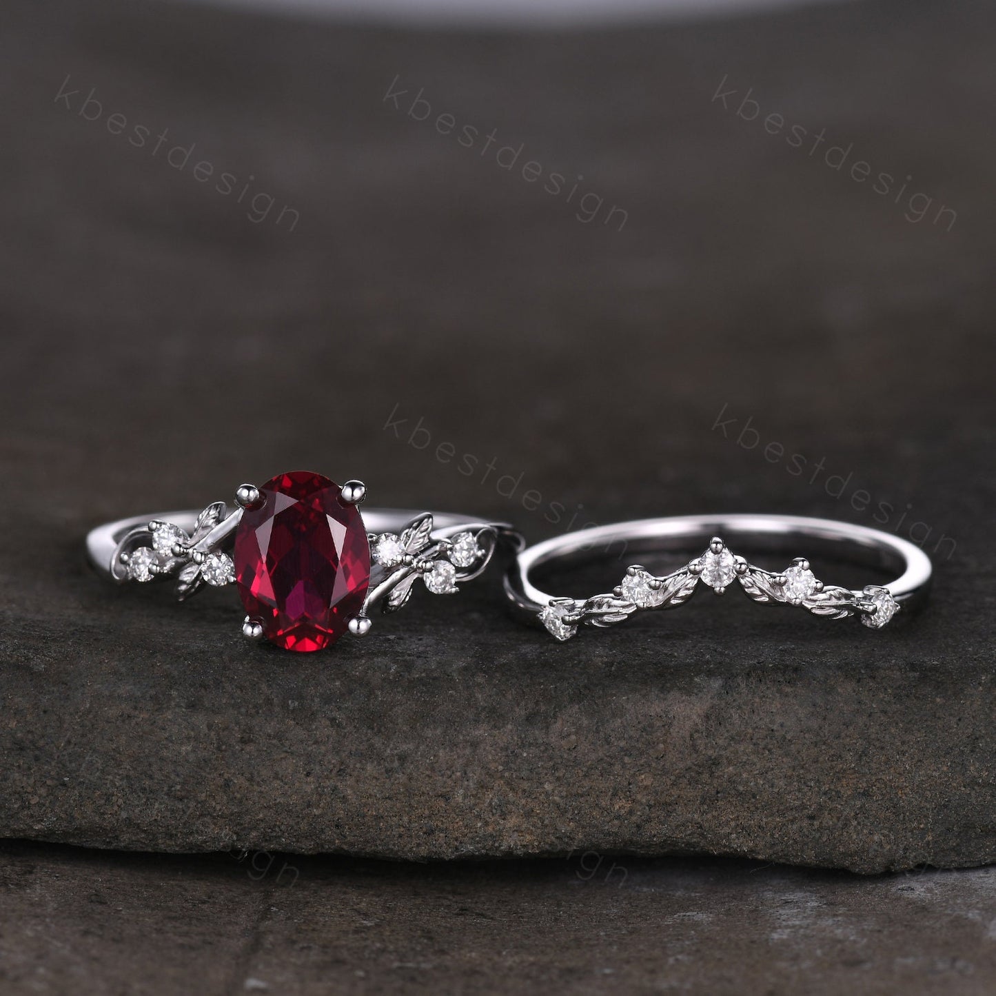 Vintage oval ruby engagement ring set silver ring twig leaf moissanite ring nature branch ring unique art deco bridal wedding ring set