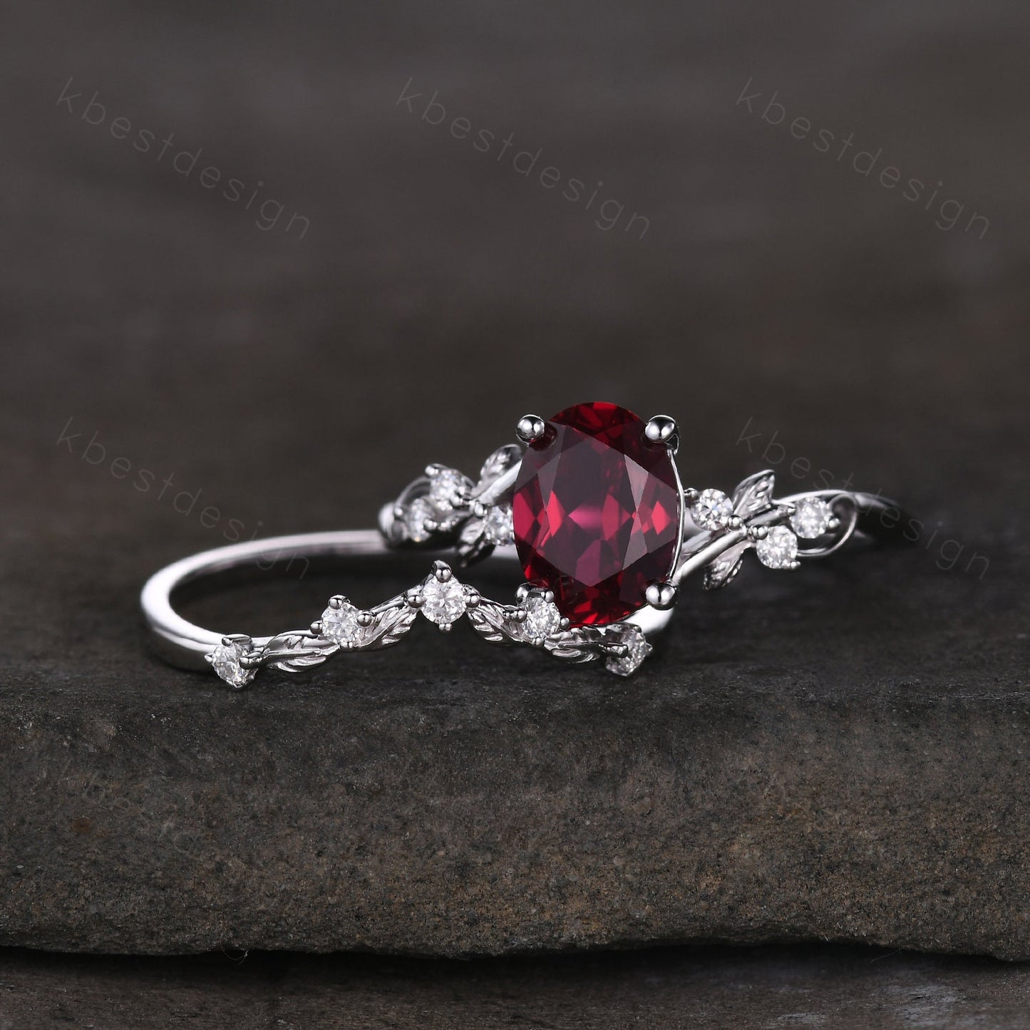Vintage oval ruby engagement ring set silver ring twig leaf moissanite ring nature branch ring unique art deco bridal wedding ring set