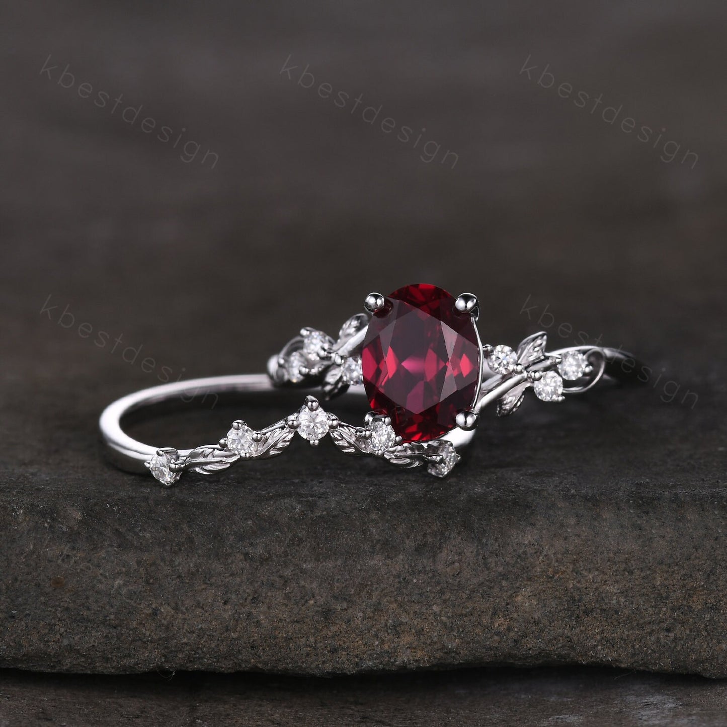 Vintage oval ruby engagement ring set silver ring twig leaf moissanite ring nature branch ring unique art deco bridal wedding ring set