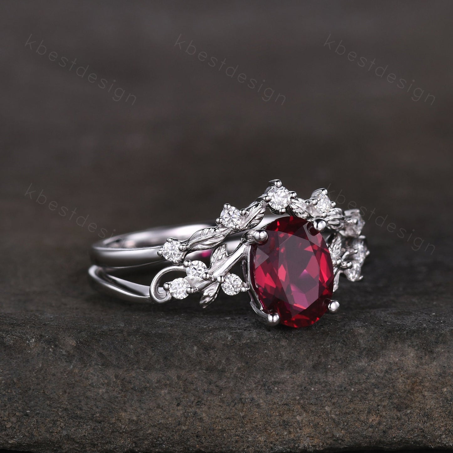Vintage oval ruby engagement ring set silver ring twig leaf moissanite ring nature branch ring unique art deco bridal wedding ring set