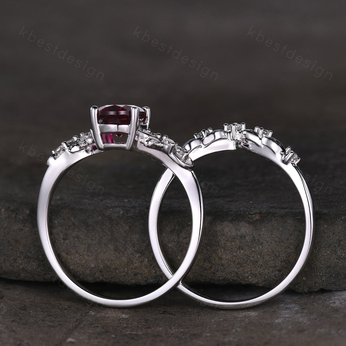 Vintage oval ruby engagement ring set silver ring twig leaf moissanite ring nature branch ring unique art deco bridal wedding ring set