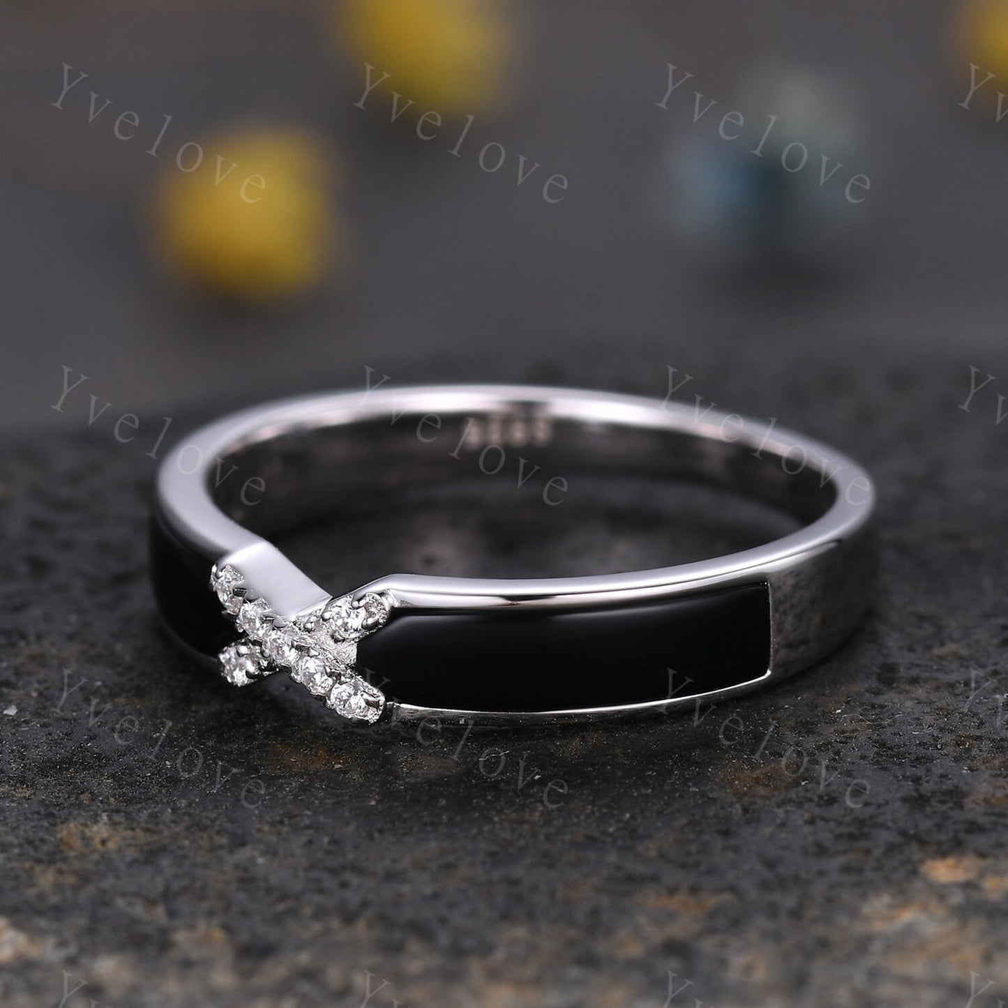 Black Onyx Moissanite Band,Black Onyx Engagement Band,Modern Band,Black Stone Ring,Matching Stackable Ring,Women Ring Promise Gift For Her