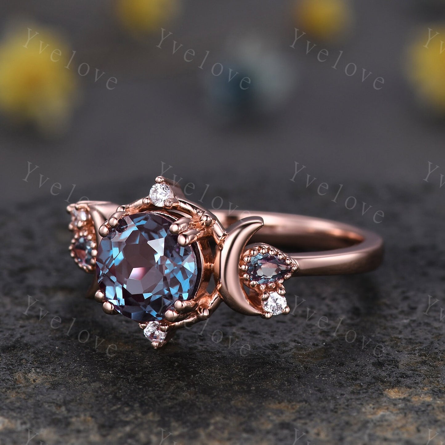 Round alexandrite ring gothic cluster ring black gold unique engagement ring retro moon star diamond promise wedding ring celestial gift