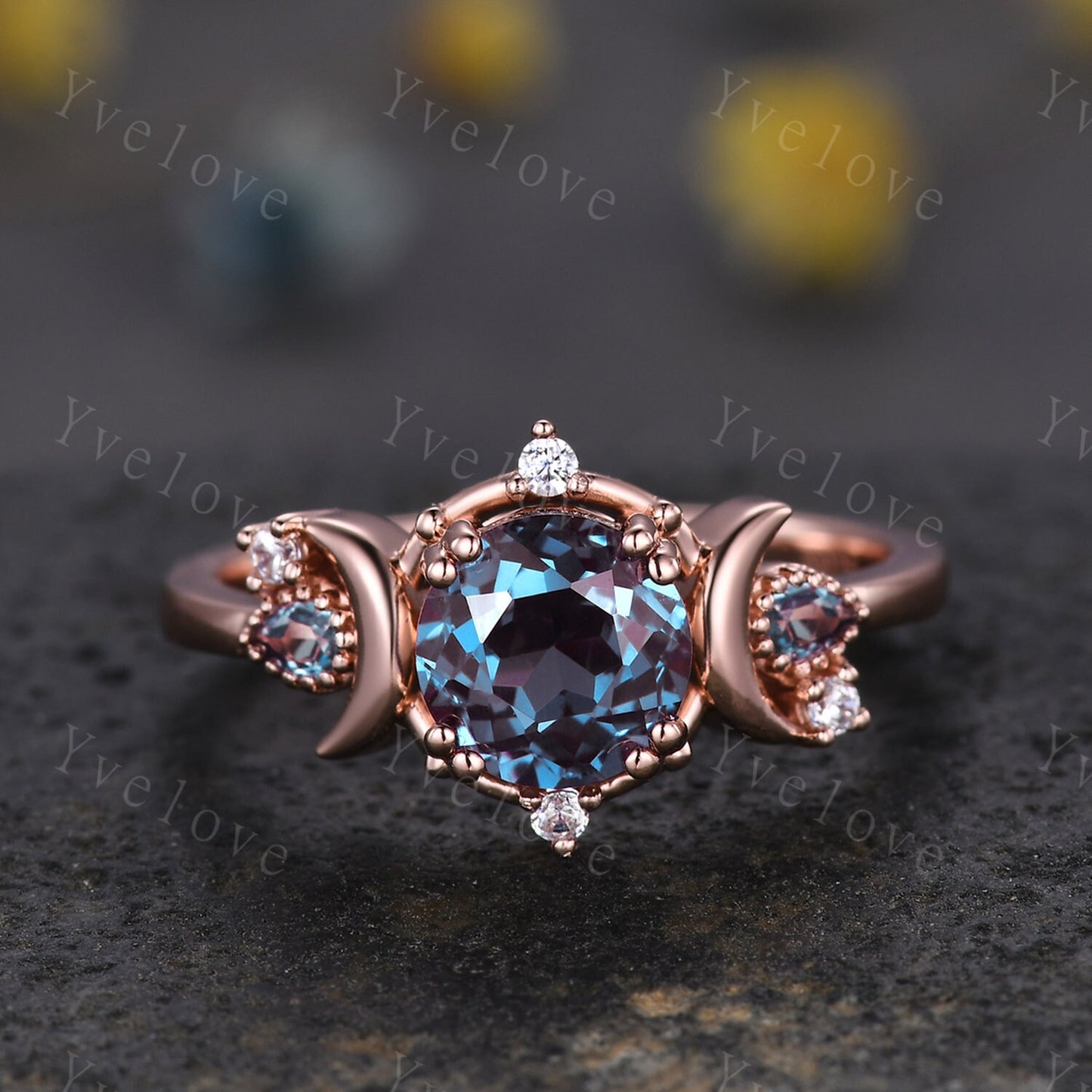 Round alexandrite ring gothic cluster ring black gold unique engagement ring retro moon star diamond promise wedding ring celestial gift