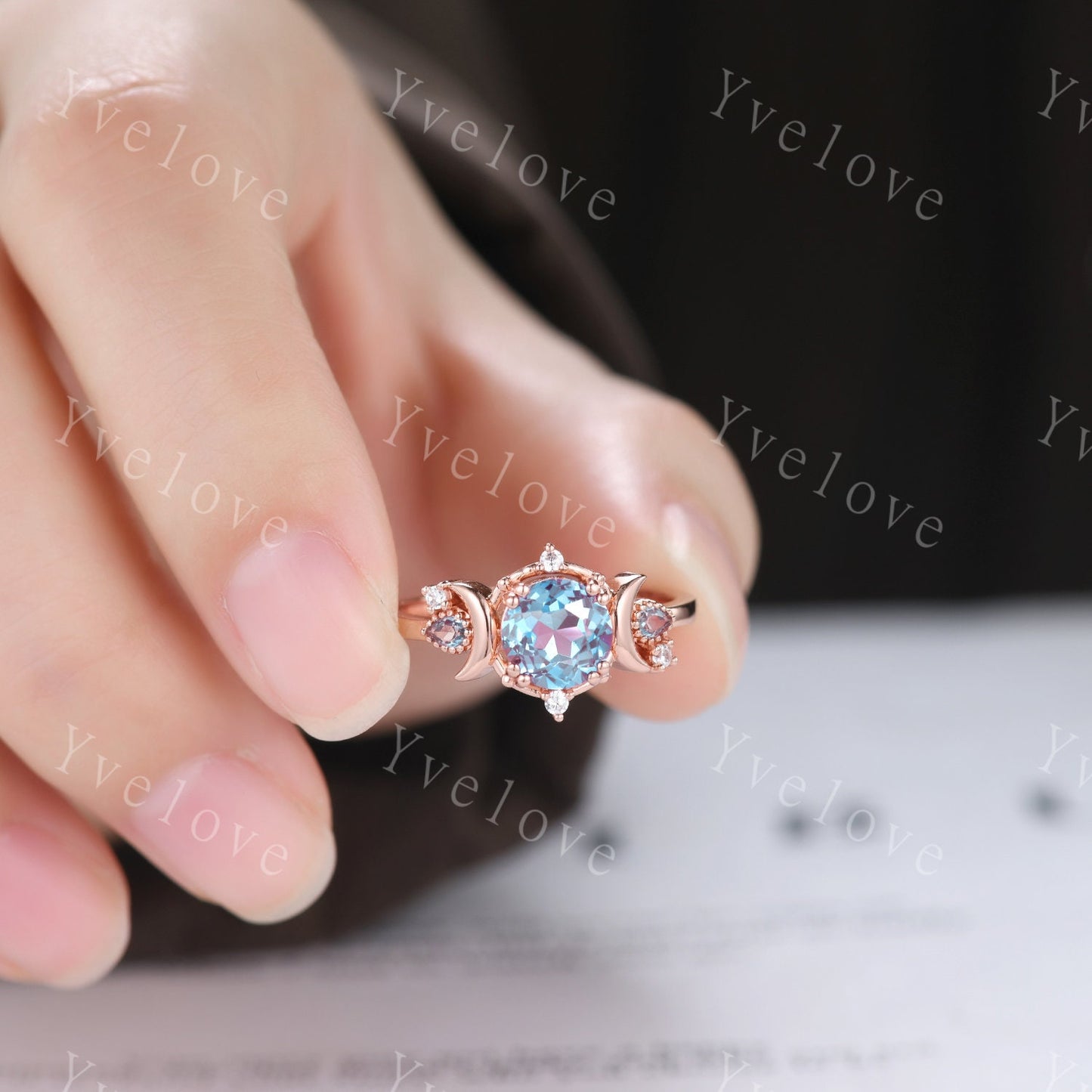 Round alexandrite ring vintage cluster ring 18k rose gold unique engagement ring retro moon star diamond promise wedding ring celestial gift