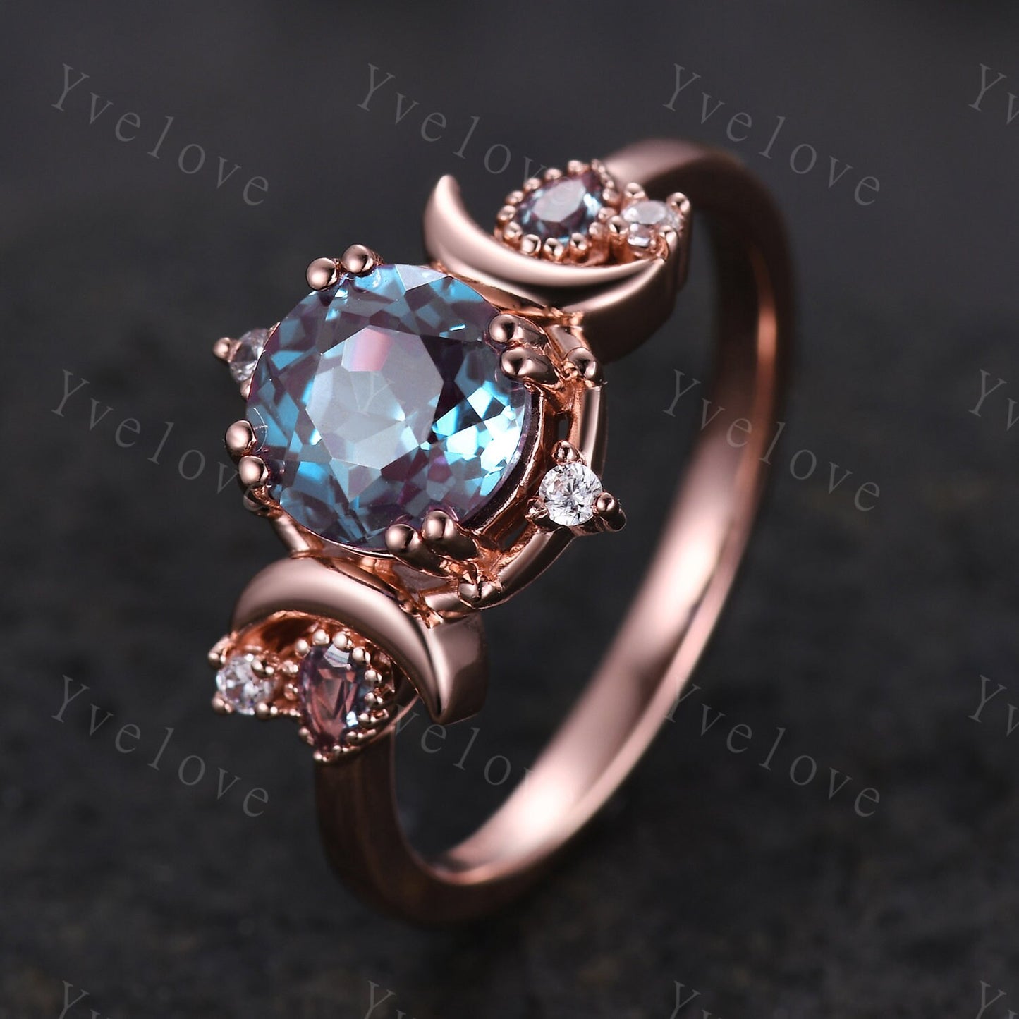 Round alexandrite ring vintage cluster ring 18k rose gold unique engagement ring retro moon star diamond promise wedding ring celestial gift