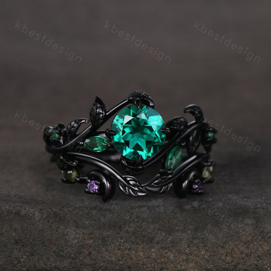 Vintage round cut emerald engagement ring black gold art deco cluster leaf wedding ring set nature inspired bridal promise ring for her