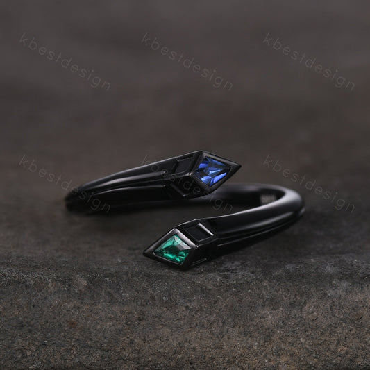 Toi et Moi Ring, Kite cut Emerald & Sapphire Wedding Ring, Black Gold Ring, Unique Open Gap Ring, Personalized Birthstone Ring Gift for Her