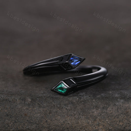 Toi et Moi Ring, Kite cut Emerald & Sapphire Wedding Ring, Black Gold Ring, Unique Open Gap Ring, Personalized Birthstone Ring Gift for Her