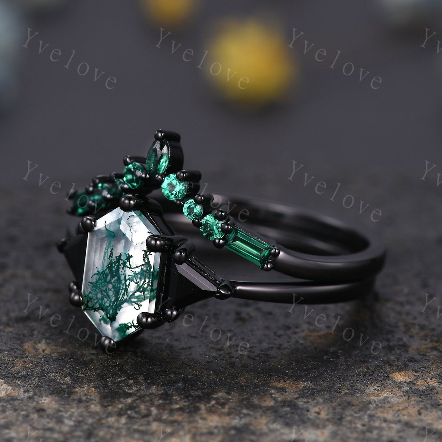 Hexagon Cut Moss Agate Engagement Ring Set,Unique Emerald Matching Stack Ring,Triangle Black Spinel Promise Ring,Anniversary Gift,Black Gold