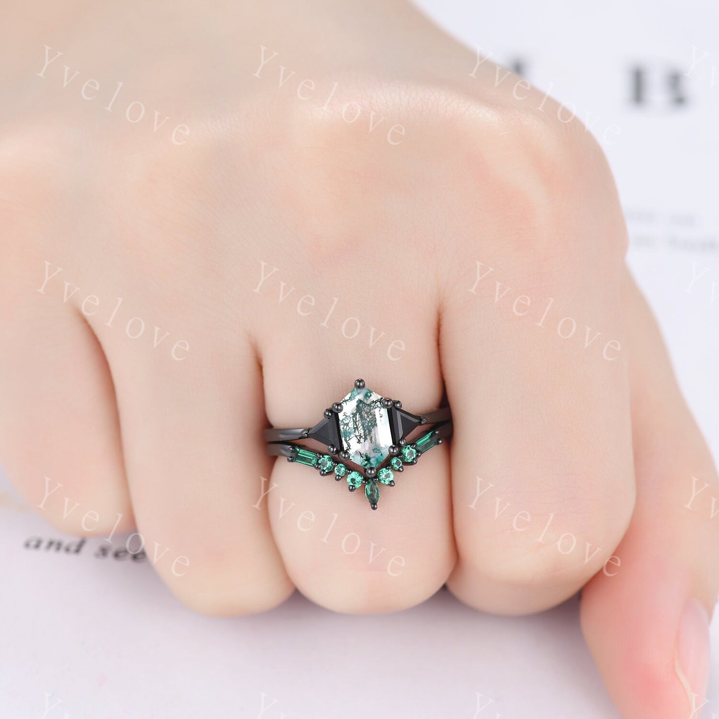 Hexagon Cut Moss Agate Engagement Ring,Unique Natural Agate Ring,Triangle Black Spinel Stone Promise Ring,Anniversary Gift ,Black Gold Ring