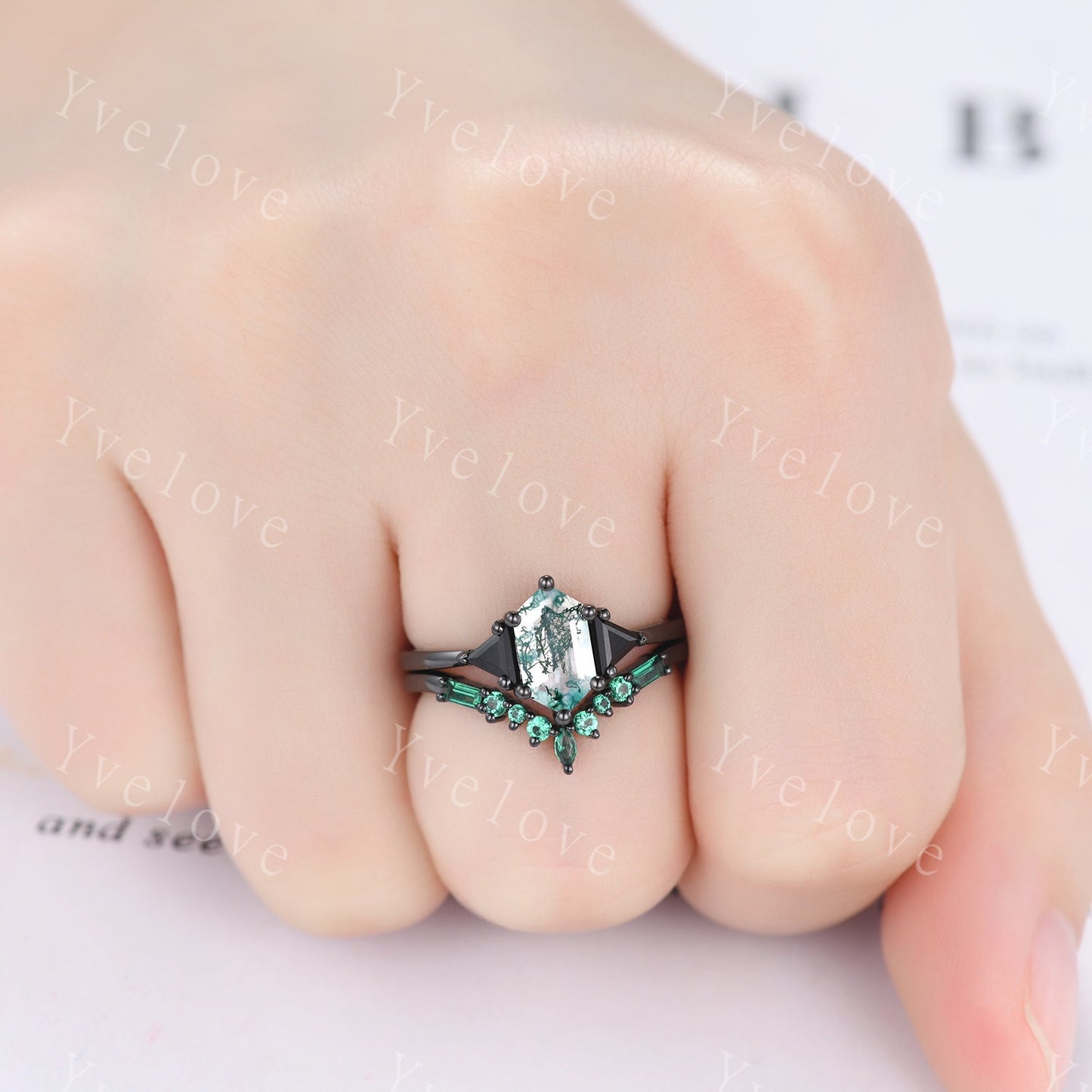 Hexagon Cut Moss Agate Engagement Ring Set,Unique Emerald Matching Stack Ring,Triangle Black Spinel Promise Ring,Anniversary Gift,Black Gold