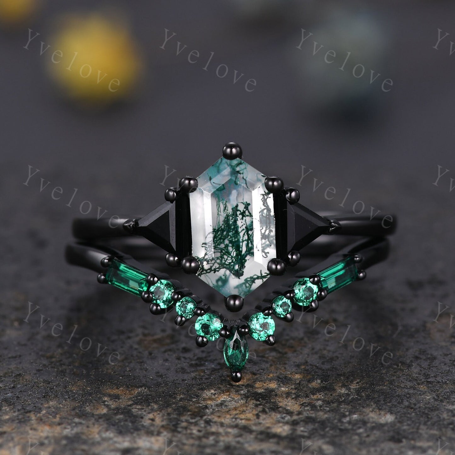 Hexagon Cut Moss Agate Engagement Ring Set,Unique Emerald Matching Stack Ring,Triangle Black Spinel Promise Ring,Anniversary Gift,Black Gold
