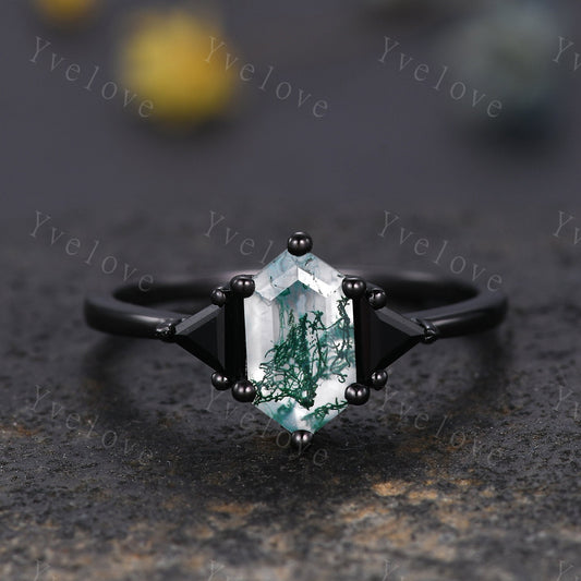 Hexagon Cut Moss Agate Engagement Ring,Unique Natural Agate Ring,Triangle Black Spinel Stone Promise Ring,Anniversary Gift ,Black Gold Ring