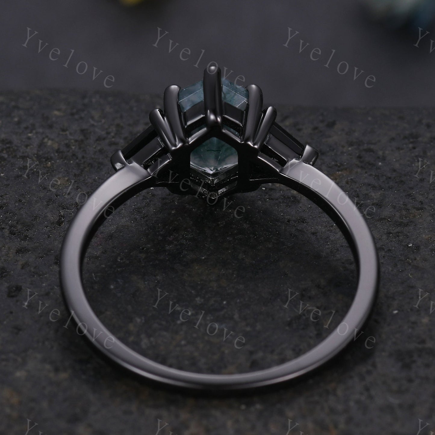 Hexagon Cut Moss Agate Engagement Ring,Unique Natural Agate Ring,Triangle Black Spinel Stone Promise Ring,Anniversary Gift ,Black Gold Ring