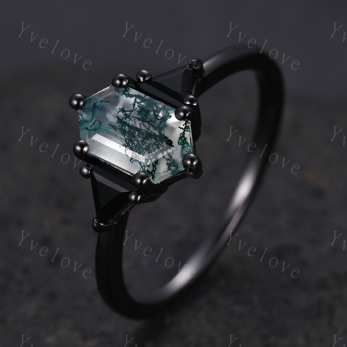 Hexagon Cut Moss Agate Engagement Ring,Unique Natural Agate Ring,Triangle Black Spinel Stone Promise Ring,Anniversary Gift ,Black Gold Ring