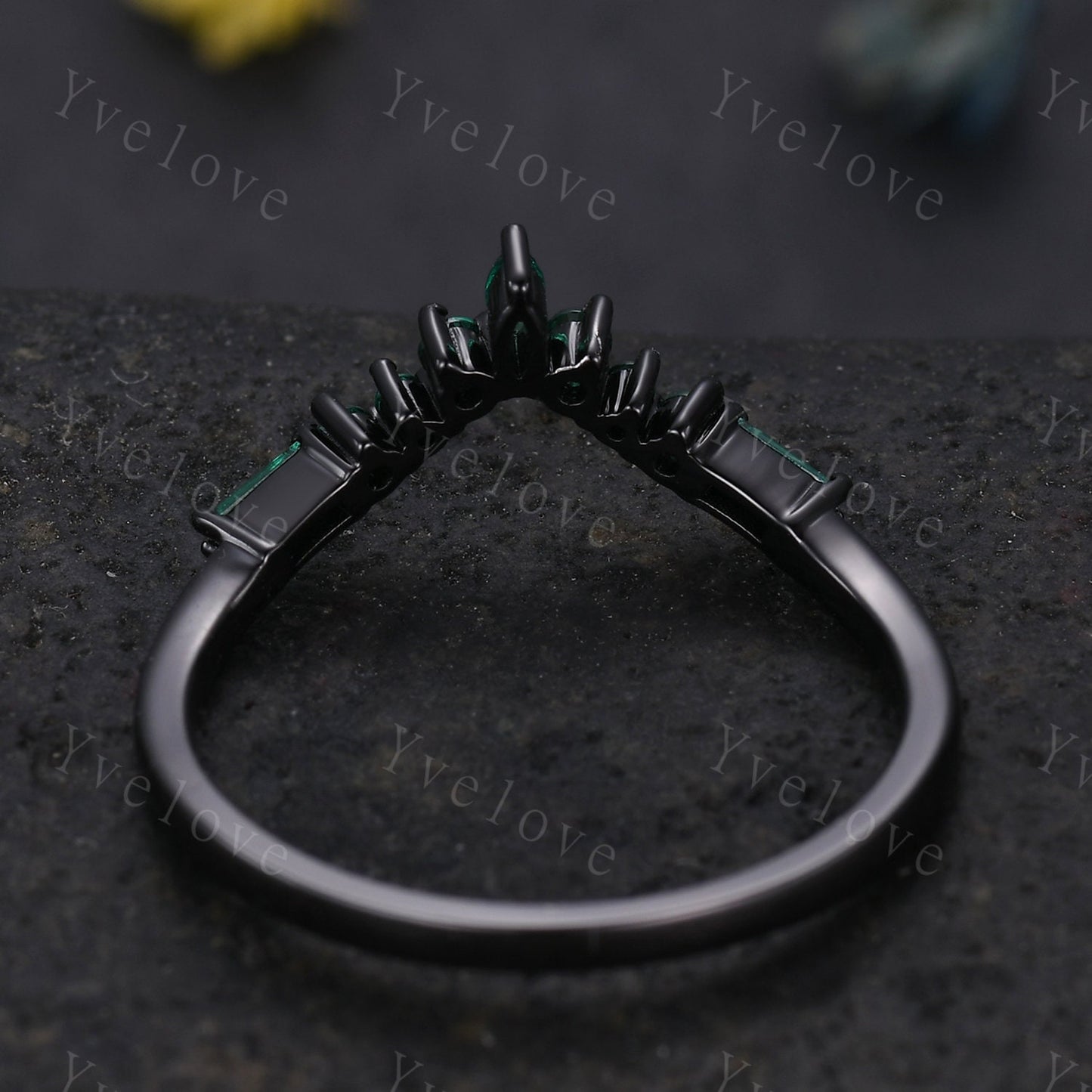Marquise Emerald Wedding band,Baguette Green Emerald,Vintage Retro Black Gold Ring,Women V Curved Stacking Matching Promise Band Bridal Gift