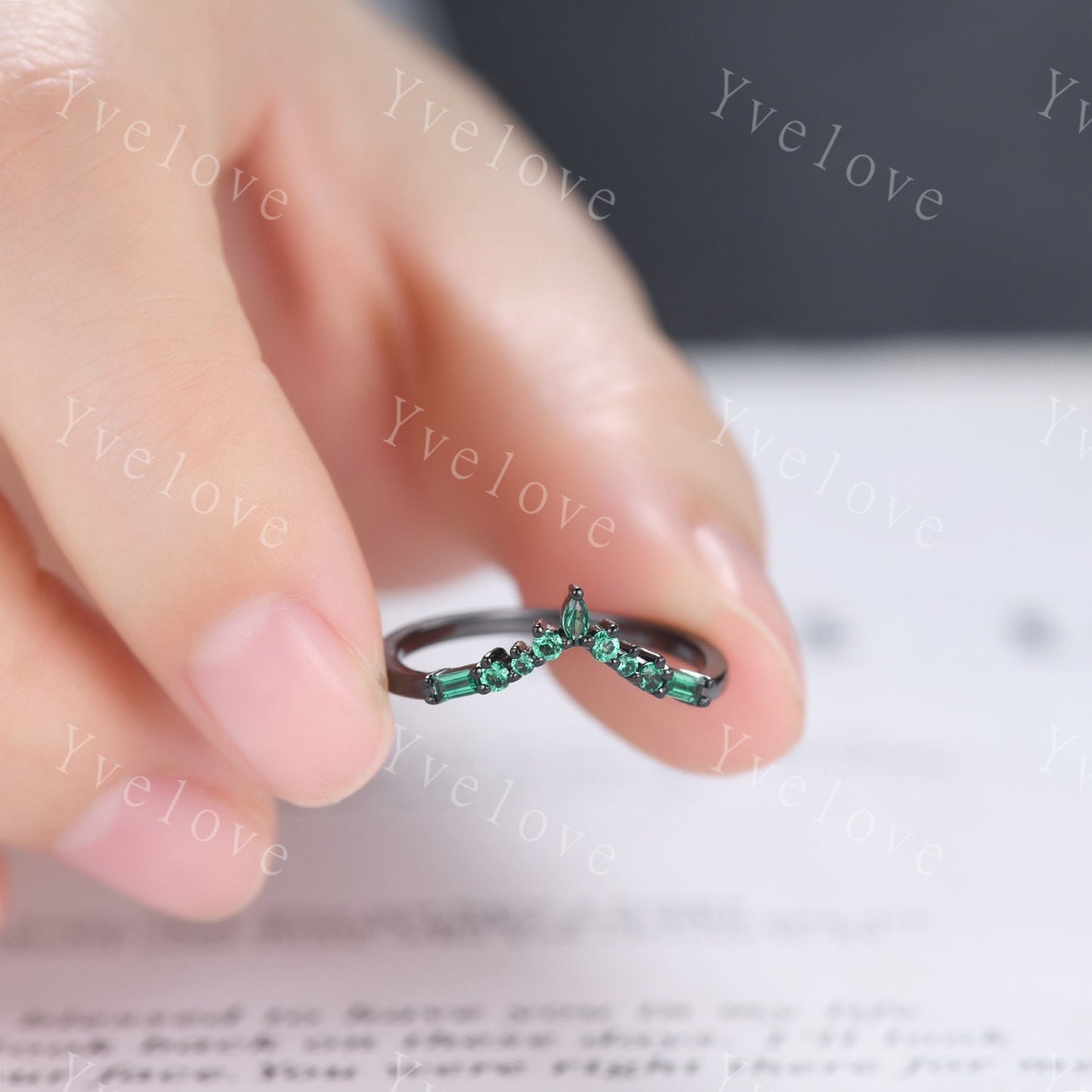 Marquise Emerald Wedding band,Baguette Green Emerald,Vintage Retro Black Gold Ring,Women V Curved Stacking Matching Promise Band Bridal Gift