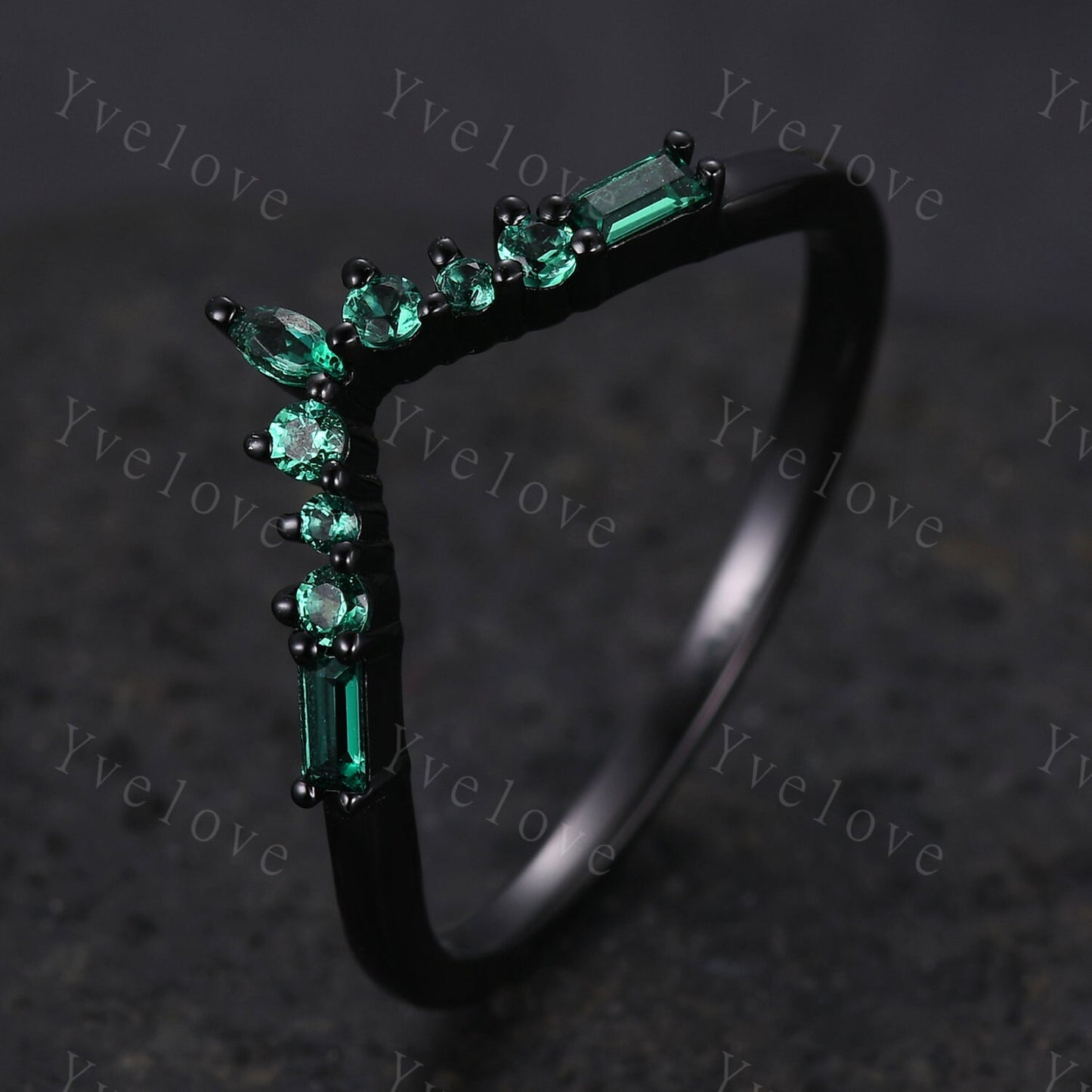 Marquise Emerald Wedding band,Baguette Green Emerald,Vintage Retro Black Gold Ring,Women V Curved Stacking Matching Promise Band Bridal Gift