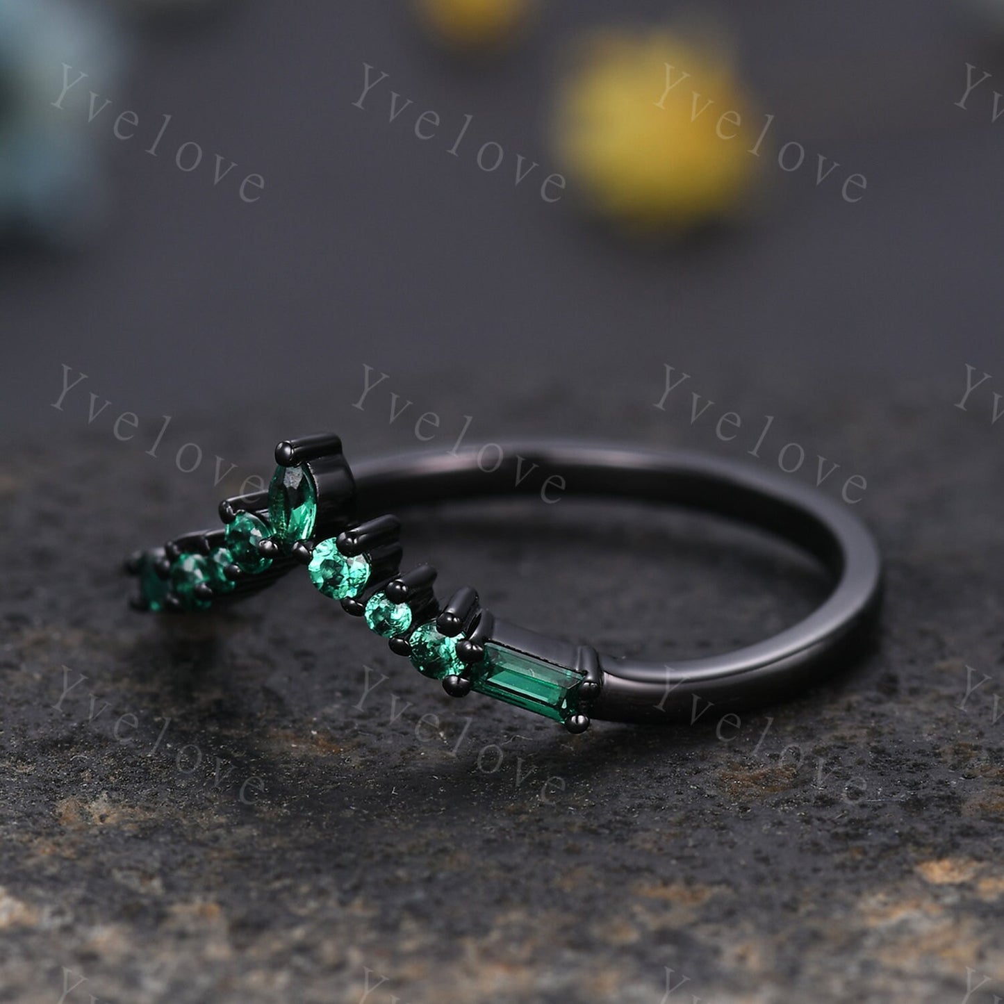 Marquise Emerald Wedding band,Baguette Green Emerald,Vintage Retro Black Gold Ring,Women V Curved Stacking Matching Promise Band Bridal Gift