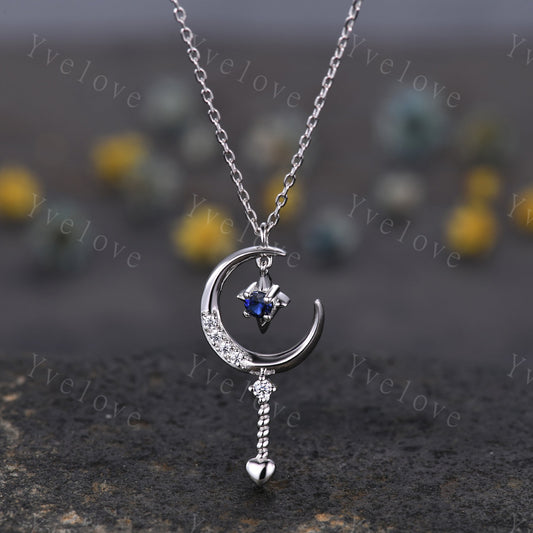 Vintage blue sapphire pendant unique moon cluster diamond engagement necklace women retro star moissanite wedding necklace sterling silver