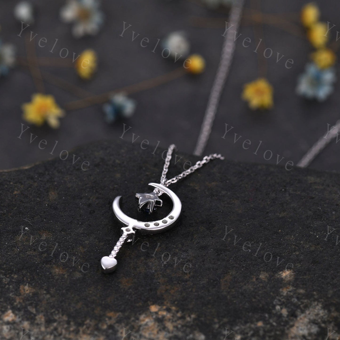 Vintage blue sapphire pendant unique moon cluster diamond engagement necklace women retro star moissanite wedding necklace sterling silver