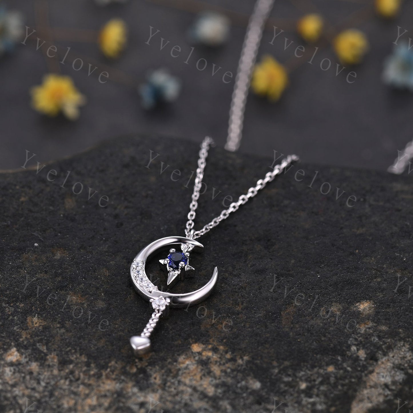 Vintage blue sapphire pendant unique moon cluster diamond engagement necklace women retro star moissanite wedding necklace sterling silver