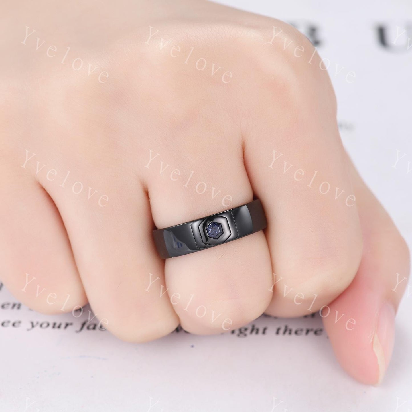 Black Gold Mens Hexagon Blue Sandstone Wedding Band Custom Space Galaxy Engagement Ring Plain Band Mens Stacking Matching Band Promise Ring