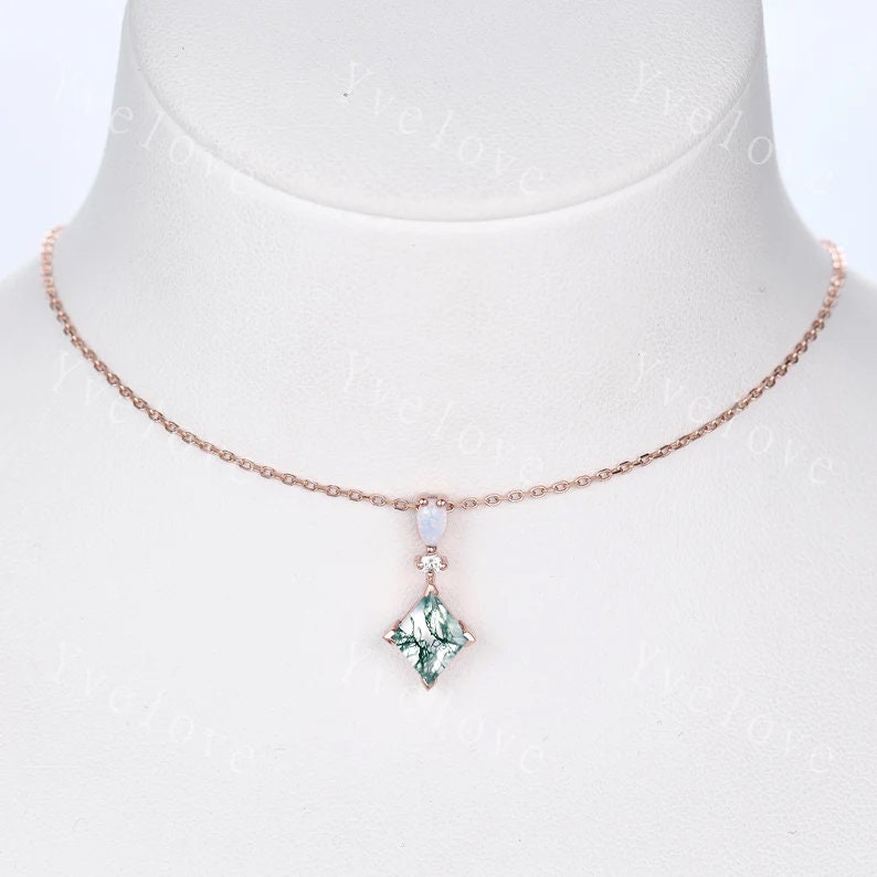 Custom order for Lydia, just a pendant, no chain, lozenge moss agate, pear opal and round natural diamond.