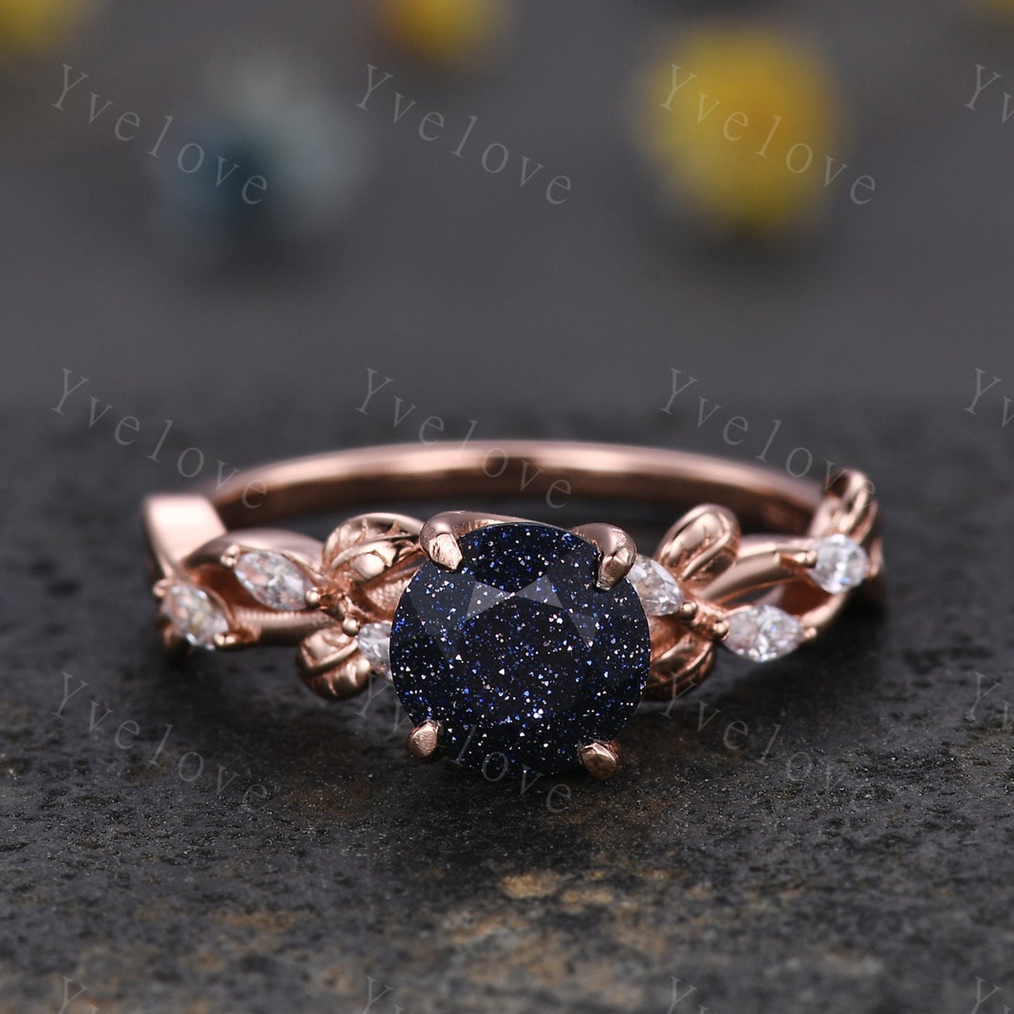 Round Blue Sandstone Engagement Ring,Cluster twig leaf marquise moissanite,Black gold,Galaxy sandstone vintage unique promise gift for women