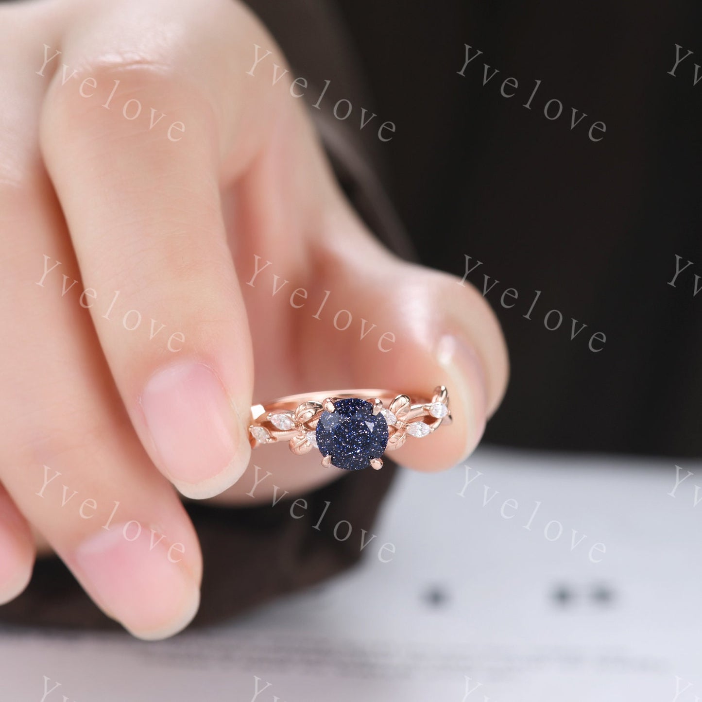Round Blue Sandstone Engagement Ring,twig leaf marquise moissanite,14k rose gold,Galaxy sandstone vintage unique promise gift for women