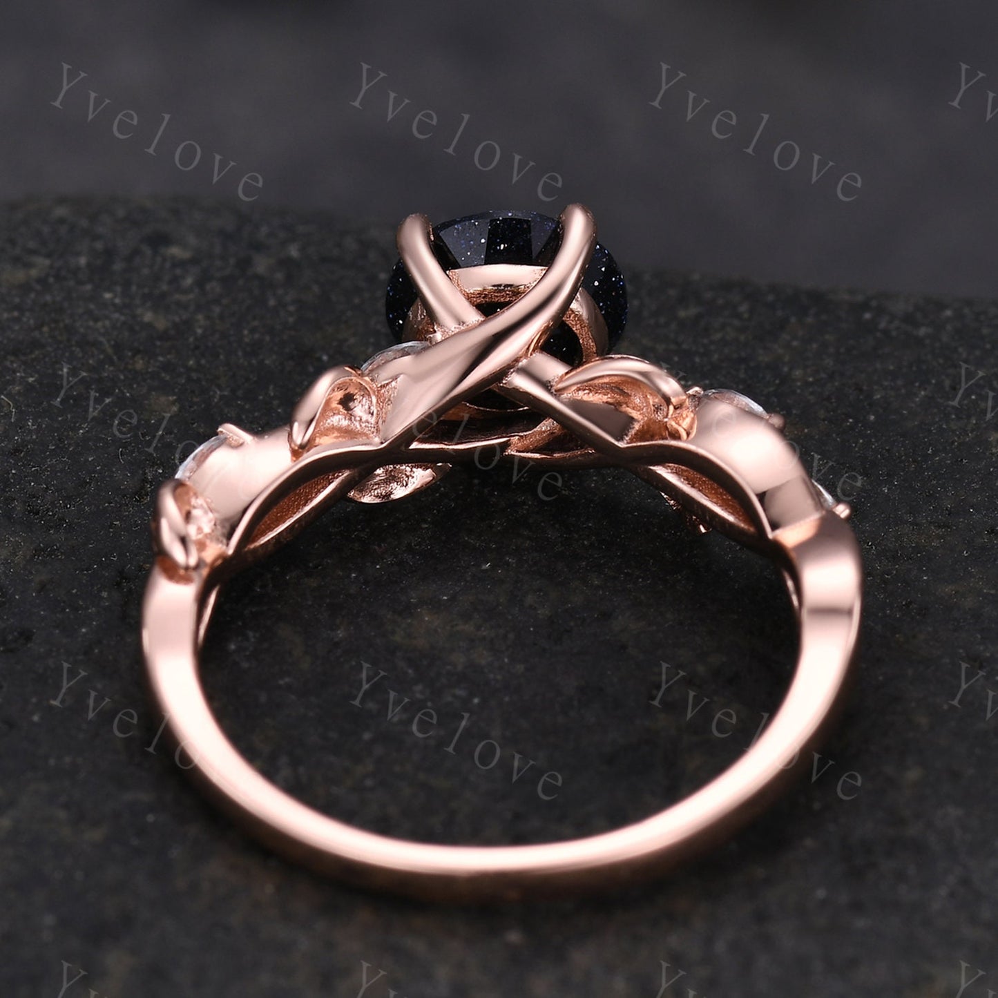 Round Blue Sandstone Engagement Ring,twig leaf marquise moissanite,14k rose gold,Galaxy sandstone vintage unique promise gift for women