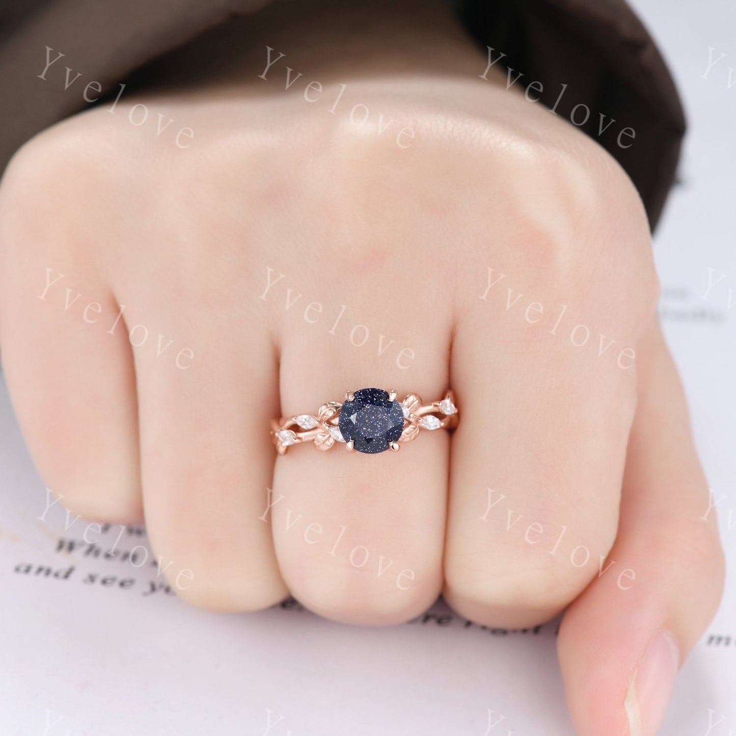Round Blue Sandstone Engagement Ring,Cluster twig leaf marquise moissanite,Black gold,Galaxy sandstone vintage unique promise gift for women