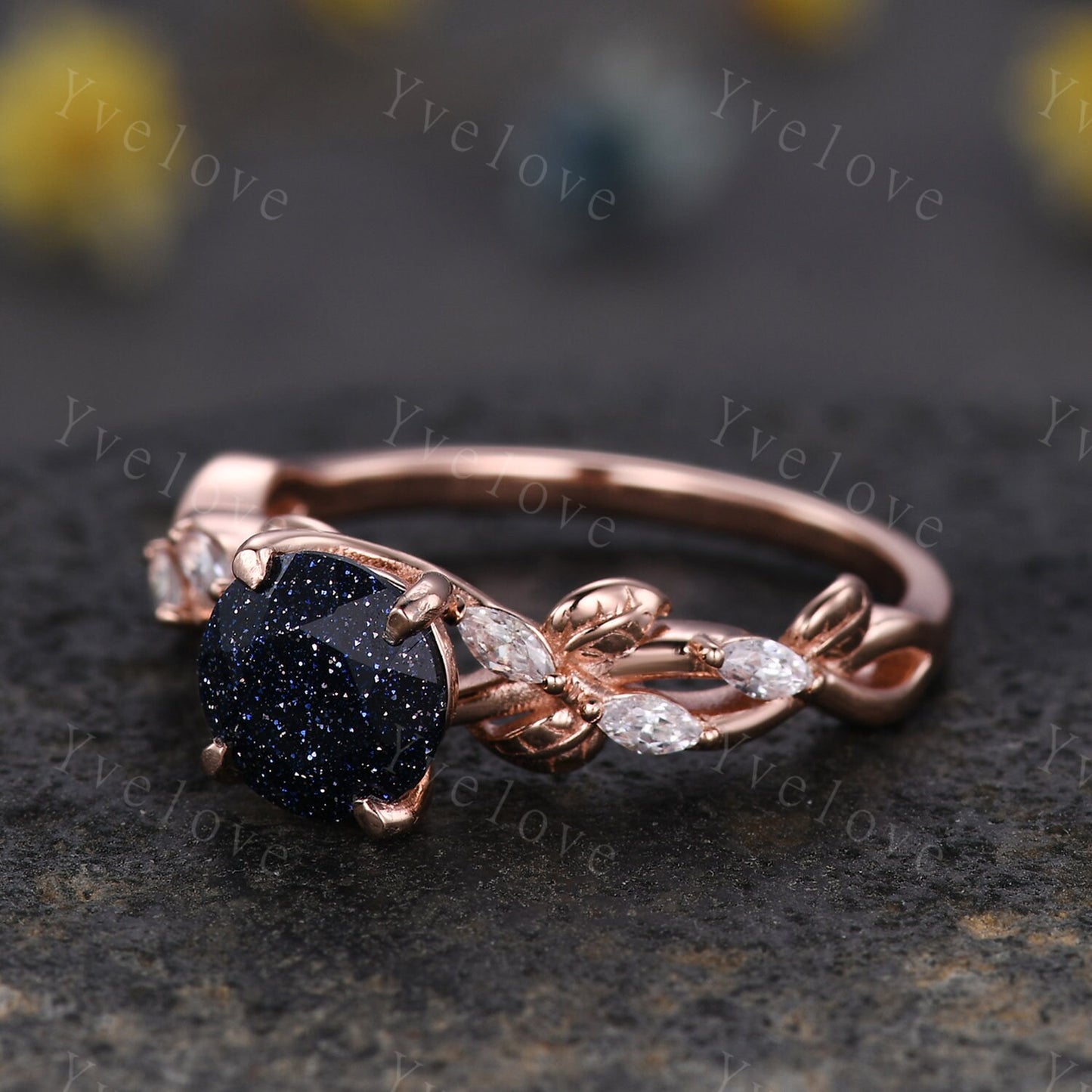 Round Blue Sandstone Engagement Ring,Cluster twig leaf marquise moissanite,Black gold,Galaxy sandstone vintage unique promise gift for women