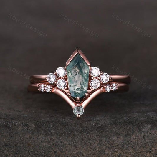Coffin cut Moss Agate engagement ring set Rose gold ring art deco cluster moissanite ring unique stacking matching band bridal promise ring