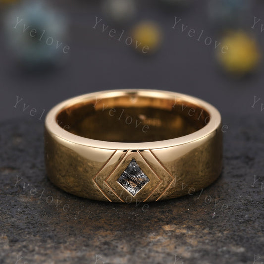 7mm Solid Gold Mens Kite Cut Black Quartz Wedding Band Black Jewelry Engagement Ring Plain Band Mens Stacking Matching Band His Wedding band