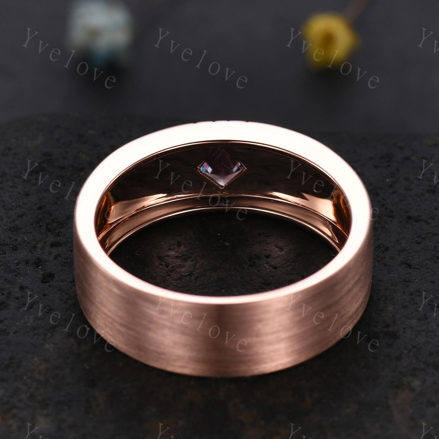 Mens Kite Shaped Alexandrite Wedding Band Alexandrite Engagement Ring Satin Finish Band 14K Rose Gold Mens Stacking Band His Wedding band