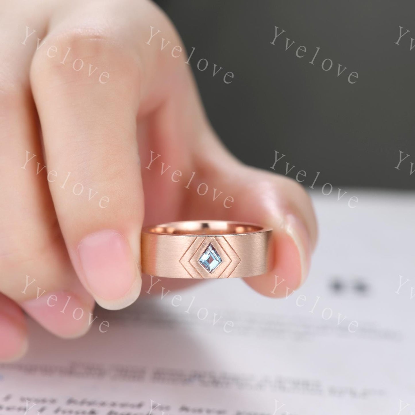 Mens Kite Shaped Alexandrite Wedding Band Alexandrite Engagement Ring Satin Finish Band 14K Rose Gold Mens Stacking Band His Wedding band