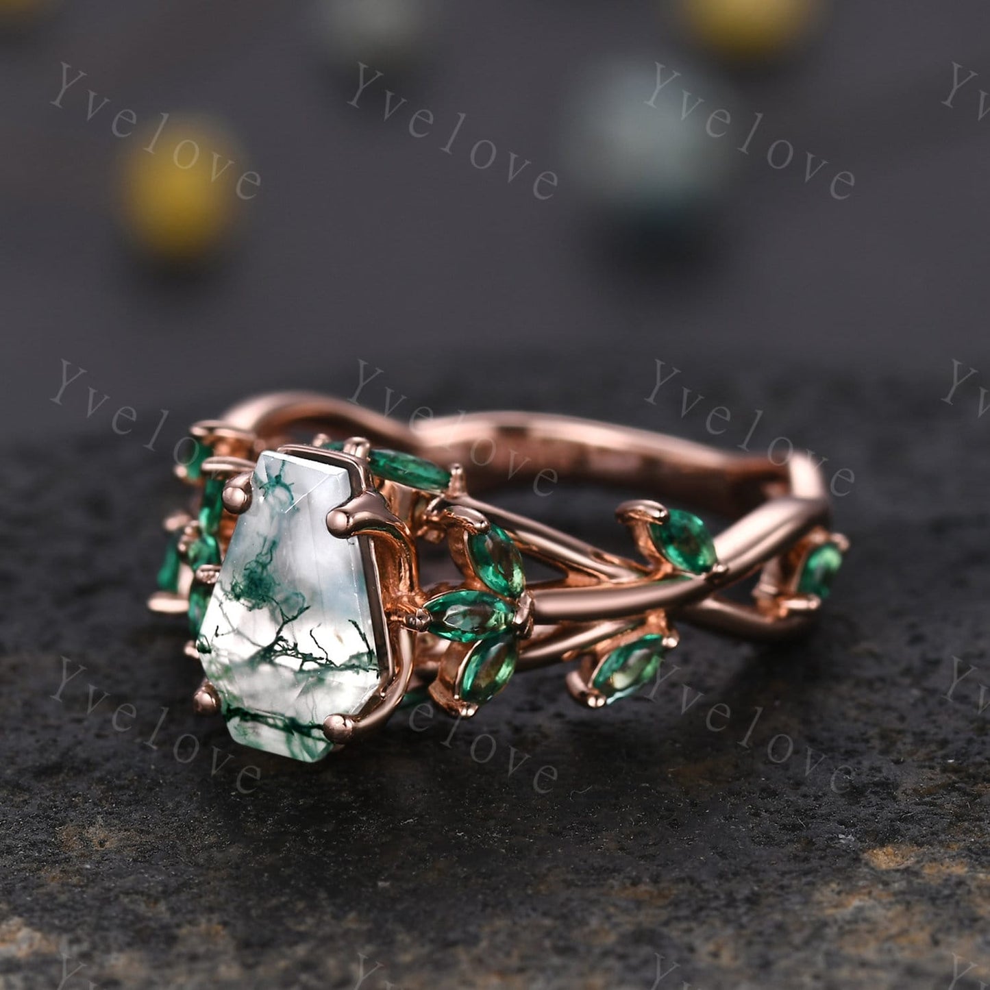 Unique coffin cut moss agate engagement ring,nature inspired ring leaf marquise green emerald,14k rose gold,vintage cluster ring for women