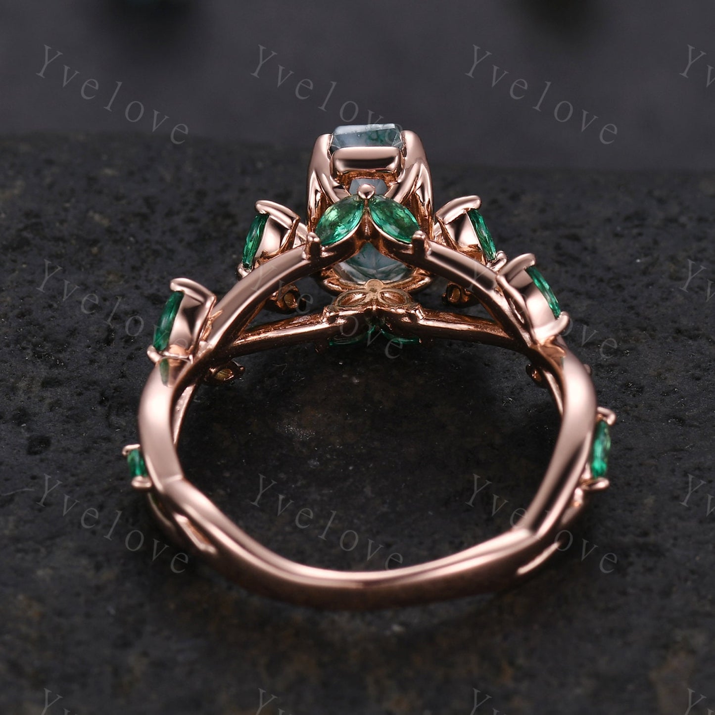 Unique coffin cut moss agate engagement ring,nature inspired ring leaf marquise green emerald,14k rose gold,vintage cluster ring for women