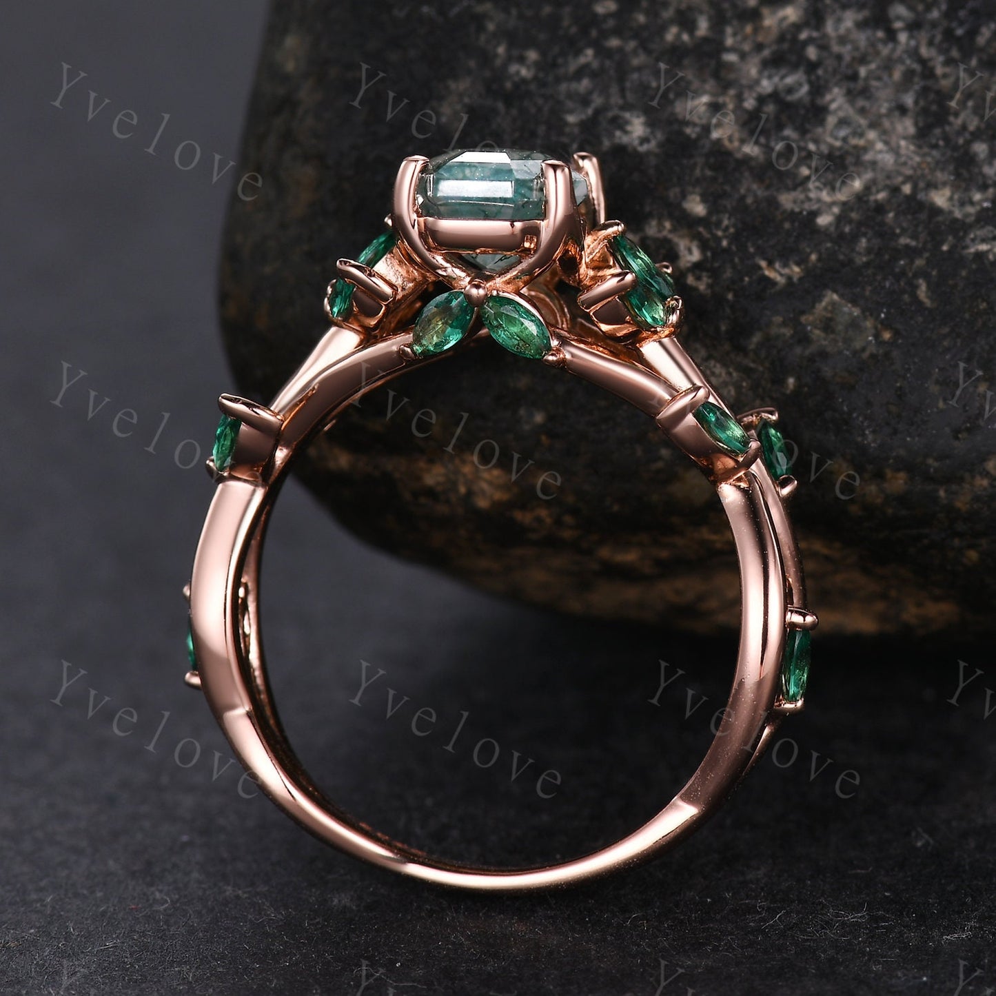 Unique coffin cut moss agate engagement ring,nature inspired ring leaf marquise green emerald,14k rose gold,vintage cluster ring for women