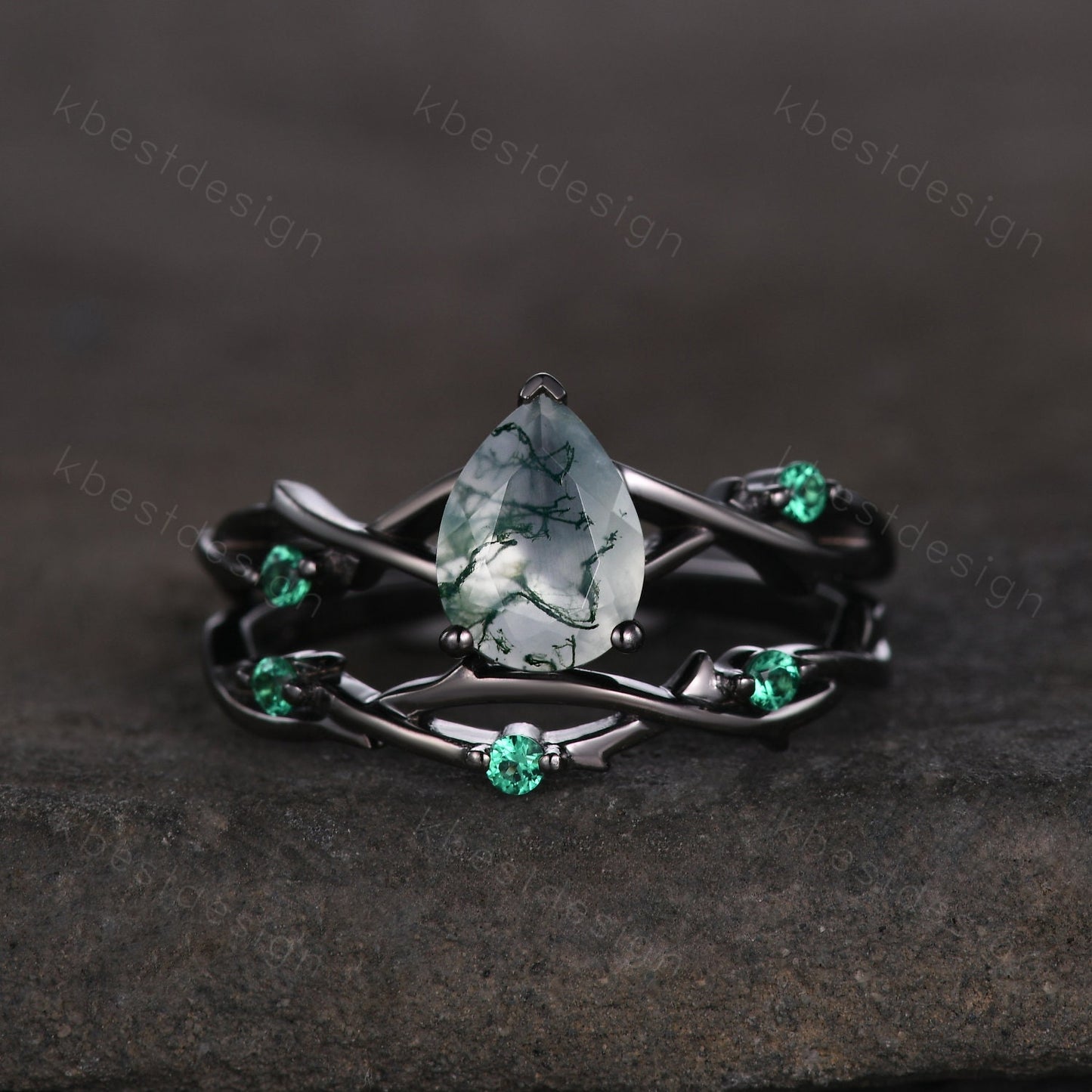 Unique Twig Moss Agate Engagement Ring Gothic Black Gold Rings Vine Emerald Stacking Wedding Band Pear cut Bridal Ring Set Green Agate Ring