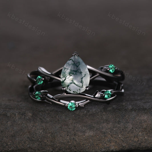 Unique Twig Moss Agate Engagement Ring Gothic Black Gold Rings Vine Emerald Stacking Wedding Band Pear cut Bridal Ring Set Green Agate Ring