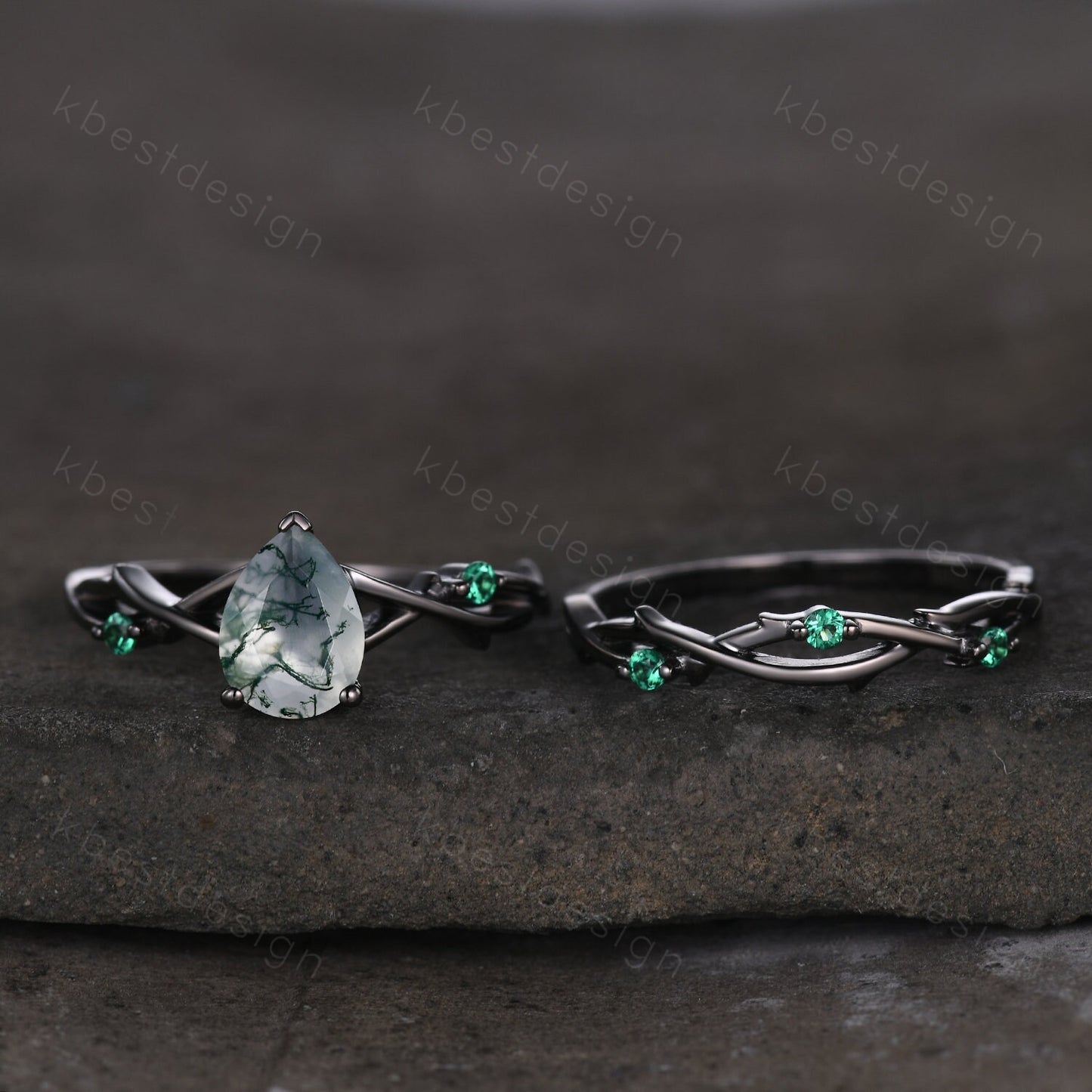 Unique Twig Moss Agate Engagement Ring Gothic Black Gold Rings Vine Emerald Stacking Wedding Band Pear cut Bridal Ring Set Green Agate Ring