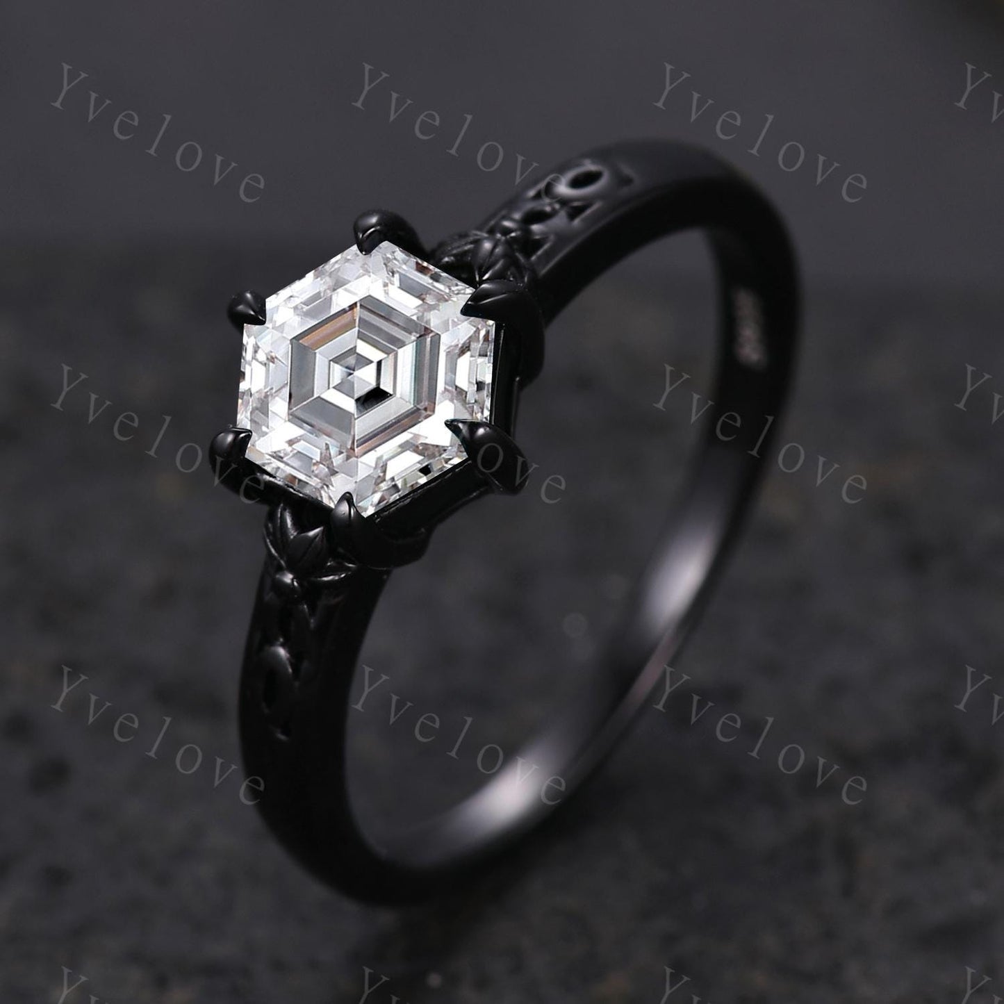 Vintage Moissanite Engagement Ring,14k Black Gold Ring,Hexagon Shape Bridal Ring,Art Deco Moissanite Anniversary Gift Promise Ring For Her